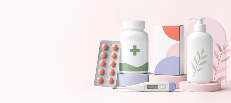 Pharmacy and wellness products arranged in the med+250 brand colours